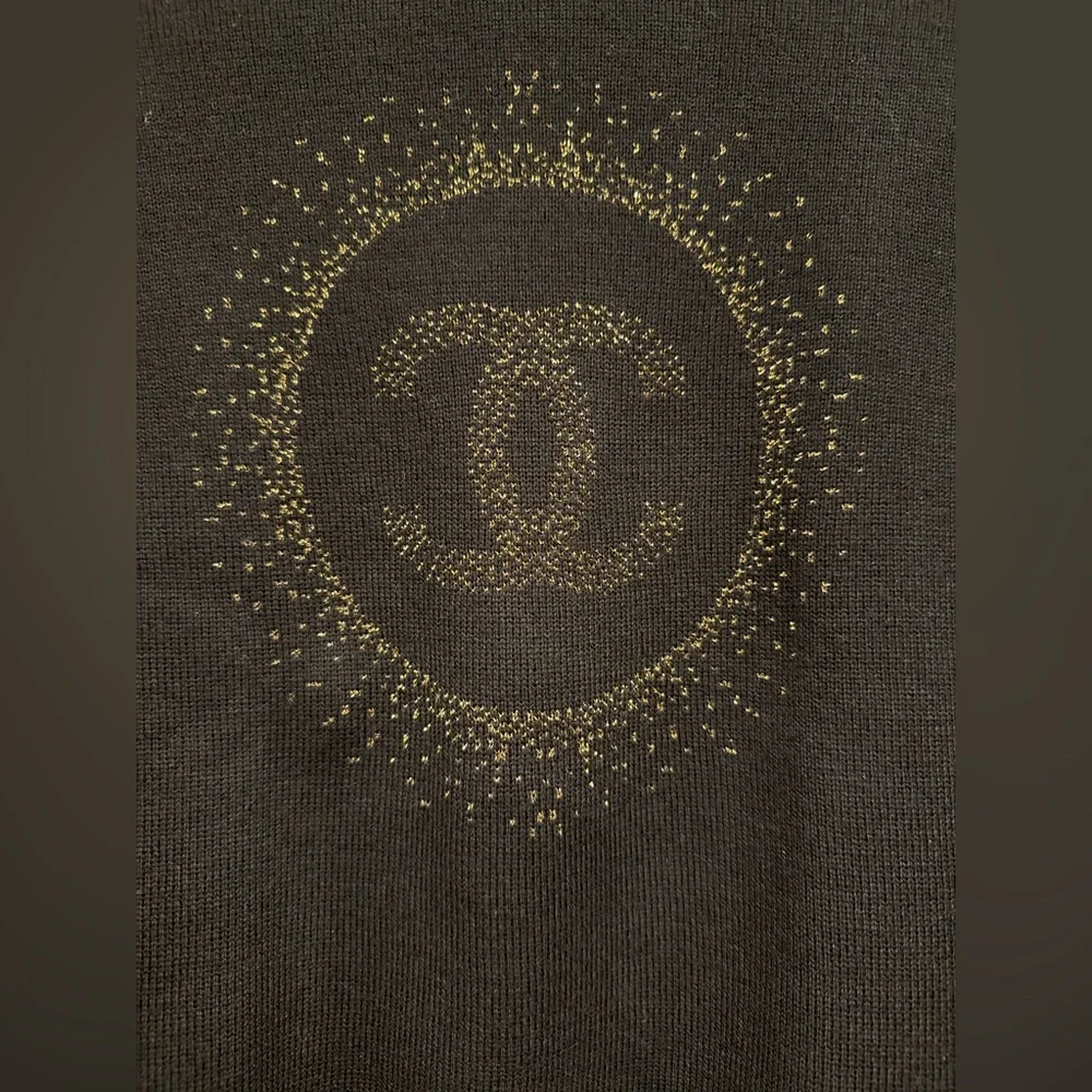 CHANEL Uniform Black Cotton Sweater W Gold Metallic CC Logo Size S designer NEW